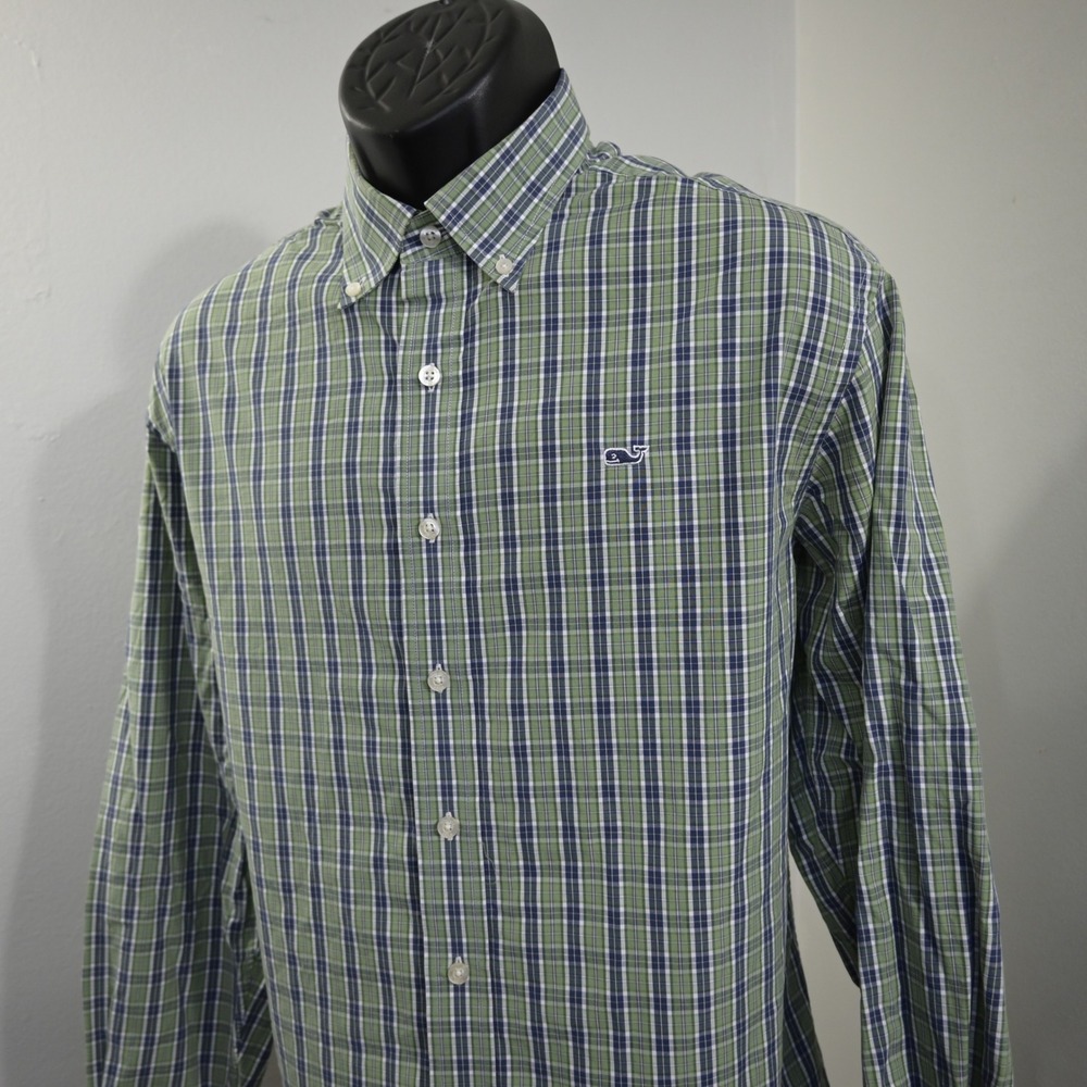 Vineyard Vines Whale Shirt Button Up Mens M Green Blue Gray Plaid Long Sleeve